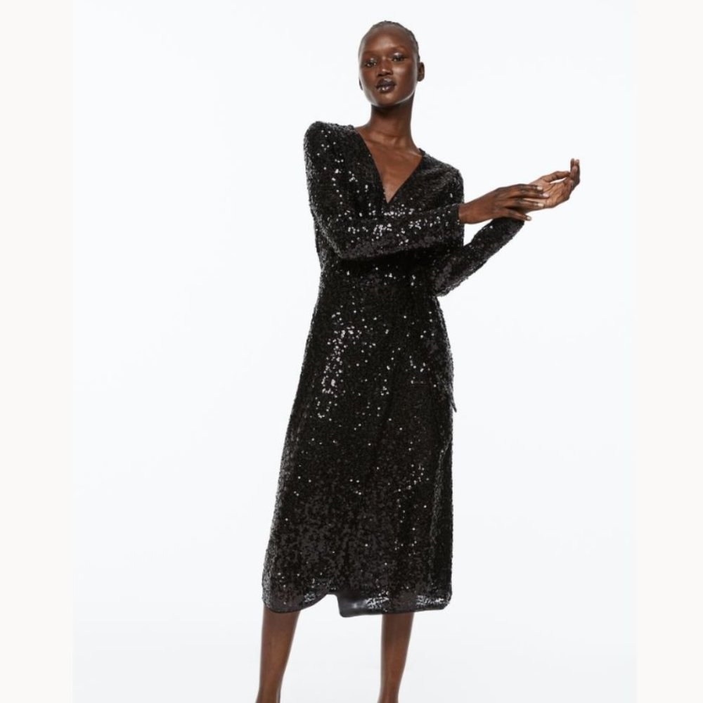 H&M Sequined Wrap Dress "Stunning" V-Neck Midi Long Sleeve - Picture 2 of 7